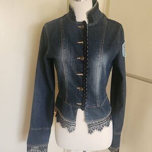 Dollhouse Denim Upcycled Custom Jacket, Military Style, Lace, Sequin Patch, M